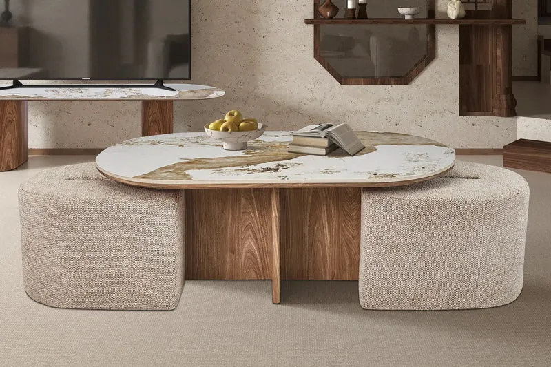 Table Basse avec 2 Poufs en Tissu Pierre Brillante AVORA - 120 x 60 cm