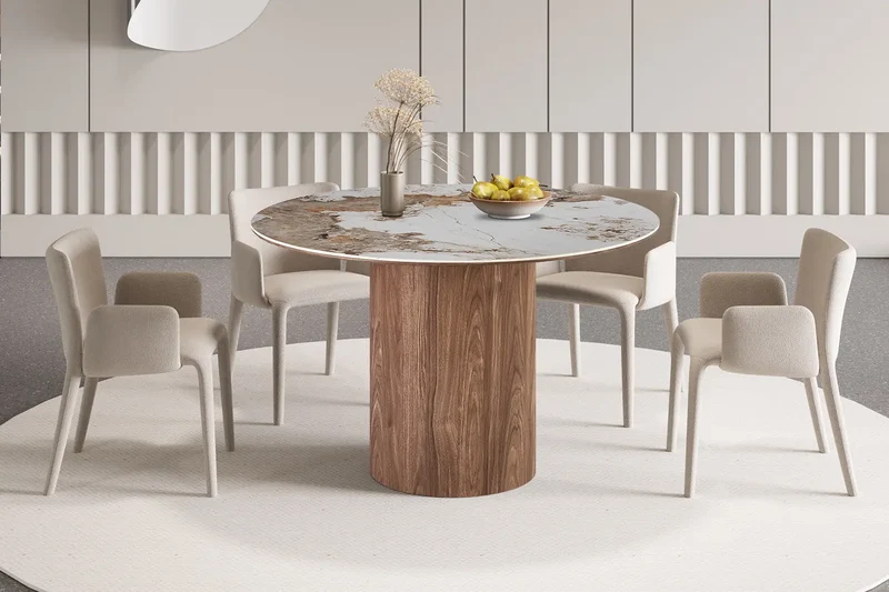 Table à Manger Ronde AVORA en Pierre Brillante Brun Doré - Ø 120 cm