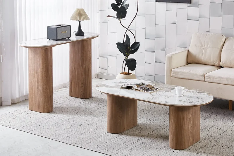 Table Basse Ovale en Pierre Brillante AVORA Beige - 120 x 60 cm