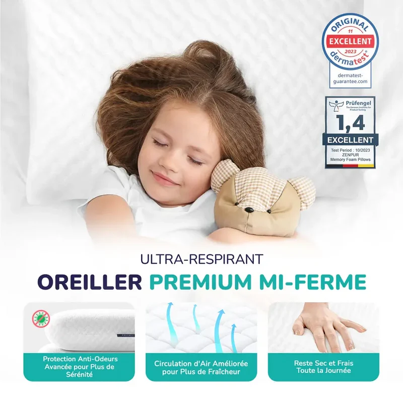 ZenPur - Oreiller Cervical Ergonomique "Mi-Ferme" en Mousse à Mémoire de Forme et Anti-Acariens