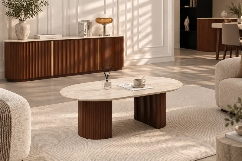 Table Basse Ovale TERRA - Céramique Effet Travertin | Pieds Travertin ou Noyer - 120 x 70 cm