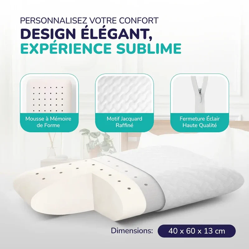 ZenPur - Oreiller Cervical Ergonomique "Plat" en Mousse à Mémoire de Forme et Anti-Acariens