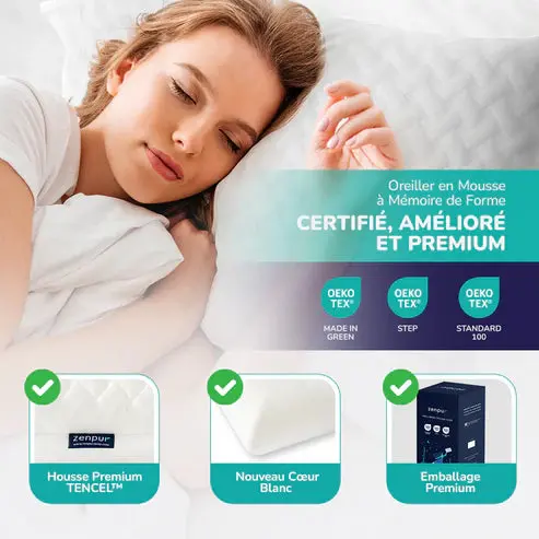 ZenPur - Oreiller Cervical Ergonomique "Ferme" en Mousse à Mémoire de Forme et Anti-Acariens
