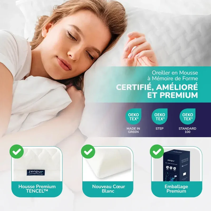 ZenPur - Oreiller Cervical Ergonomique "Souple" en Mousse à Mémoire de Forme et Anti-Acariens