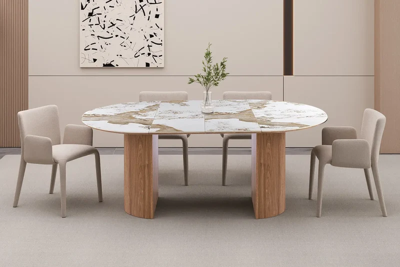Table à Manger Extensible AVORA en Pierre Brillante Beige - 120 à 200 cm