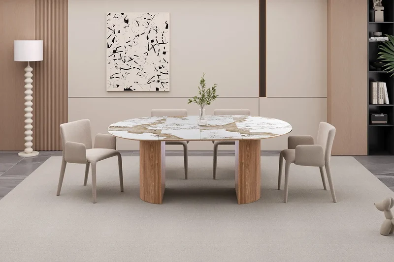 Table à Manger Extensible AVORA en Pierre Brillante Beige - 120 à 200 cm