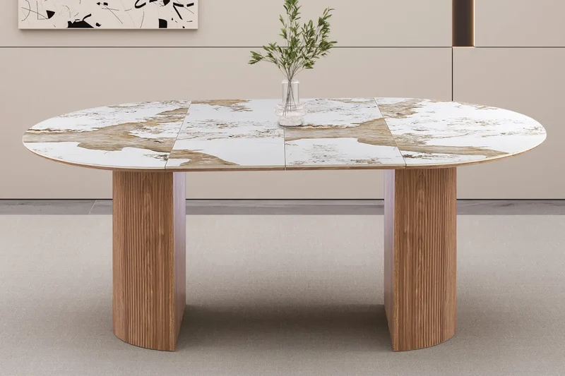 Table à Manger Extensible AVORA en Pierre Brillante Beige - 120 à 200 cm