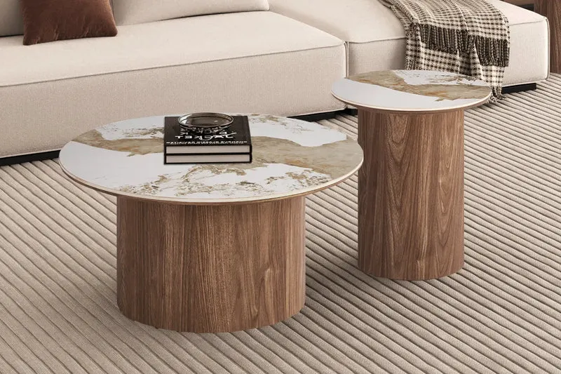 Table Basse Ronde AVORA en Pierre Frittée Brillante Beige - 80 cm