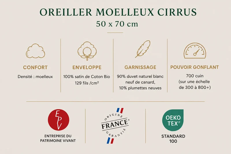 Oreiller moelleux CIRRUS – 90 % duvet de canard français
