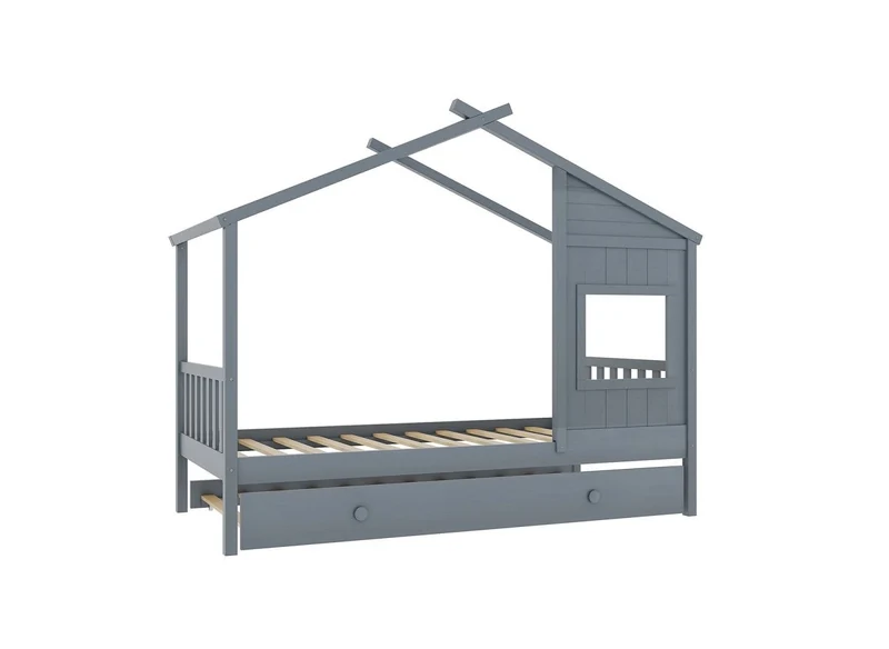 Lit gigogne cabane en bois gris 90 x 190 cm MILIO