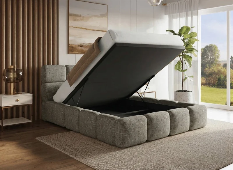 Lit coffre en velours chiné vert olive 140x190 cm BUBBLE