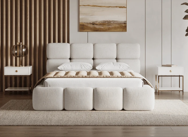 Lit coffre en velours chiné beige 140x190 cm BUBBLE