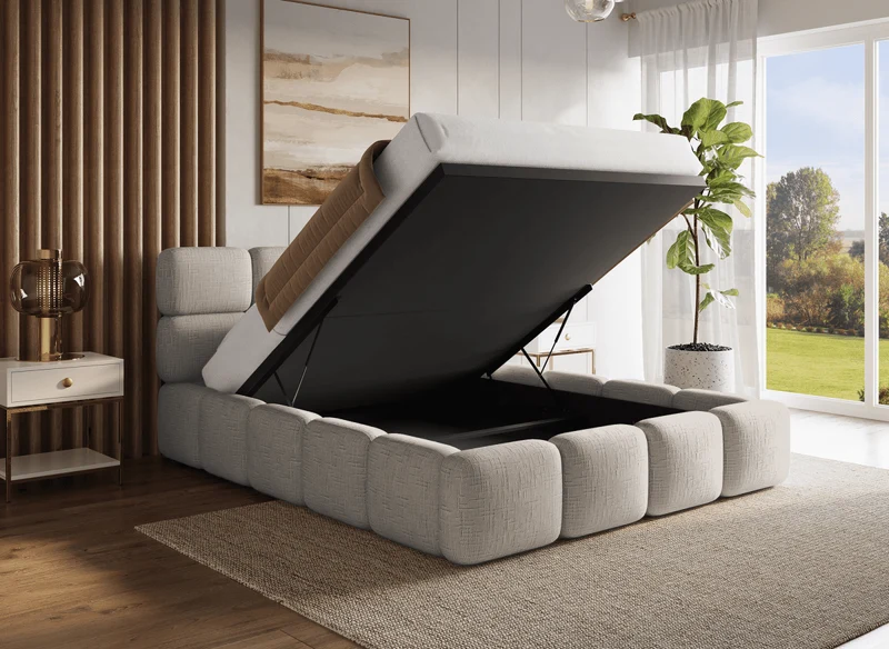 Lit coffre en velours chiné taupe 140x190 cm BUBBLE