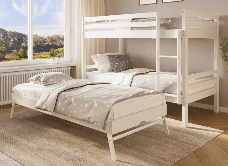 Lit superposé gigogne 3 couchages en bois blanc LEOPAUL 90 x 190 cm