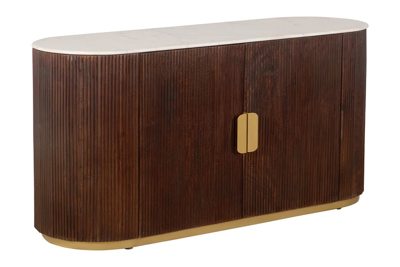 Buffet massif GATSBY 120cm bois de manguier brun métal or plateau de marbre blanc