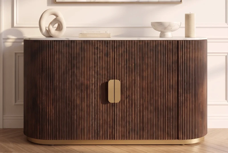Buffet massif GATSBY 120cm bois de manguier brun métal or plateau de marbre blanc