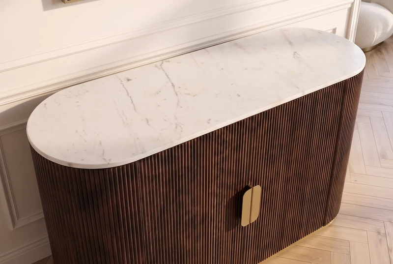 Buffet massif GATSBY 120cm bois de manguier brun métal or plateau de marbre blanc