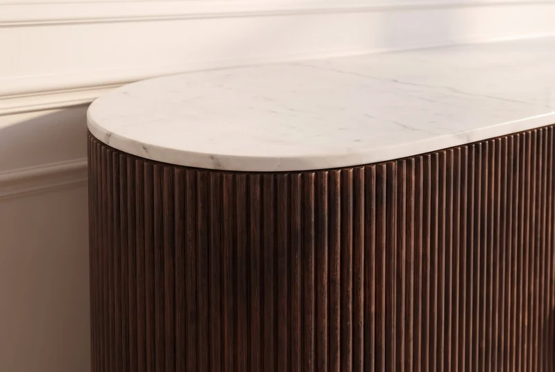 Buffet massif GATSBY 120cm bois de manguier brun métal or plateau de marbre blanc