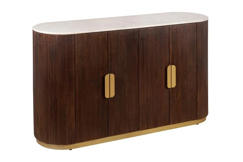 Buffet massif GATSBY 140cm bois de manguier brun métal doré plateau en marbre blanc