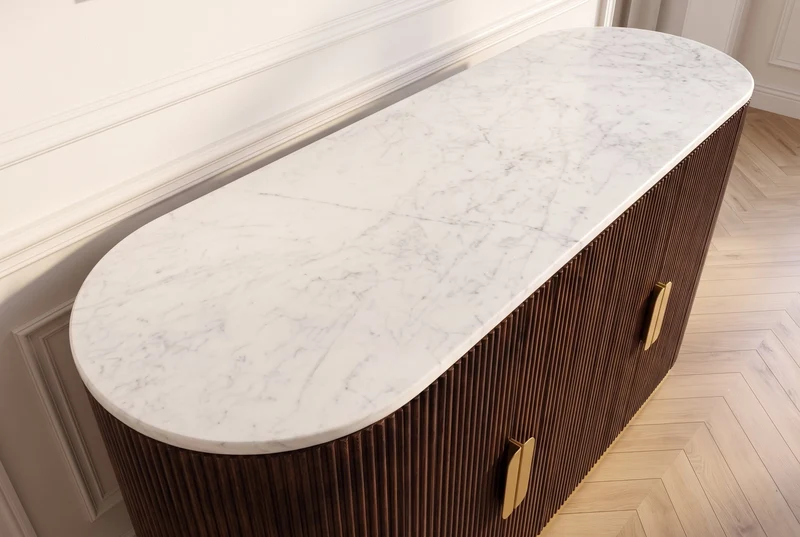 Buffet massif GATSBY 140cm bois de manguier brun métal doré plateau en marbre blanc