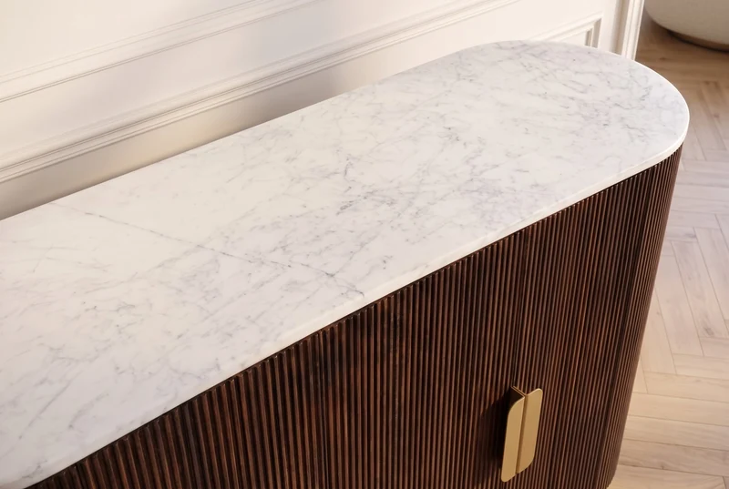 Buffet massif GATSBY 140cm bois de manguier brun métal doré plateau en marbre blanc