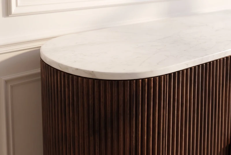 Buffet massif GATSBY 140cm bois de manguier brun métal doré plateau en marbre blanc