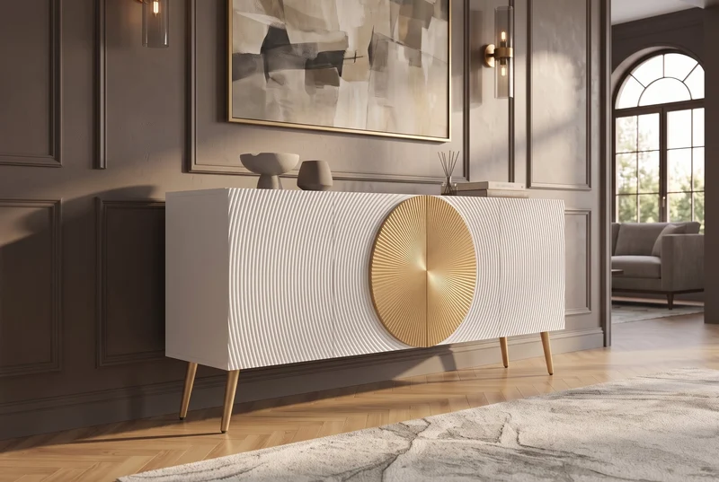 Buffet massif AURUM 180cm blanc bois de mangue avec élément doré emblématique