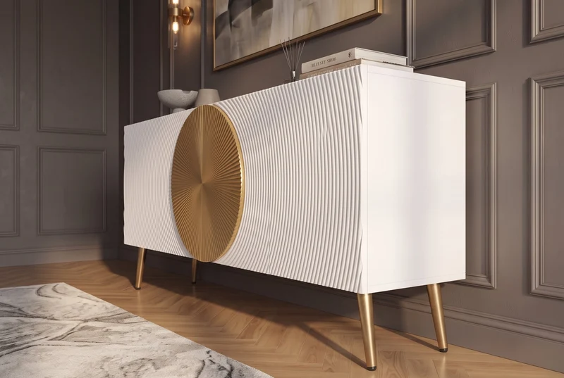 Buffet massif AURUM 180cm blanc bois de mangue avec élément doré emblématique