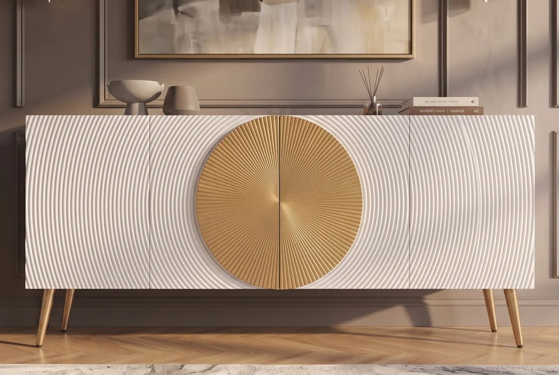 Buffet massif AURUM 180cm blanc bois de mangue avec élément doré emblématique