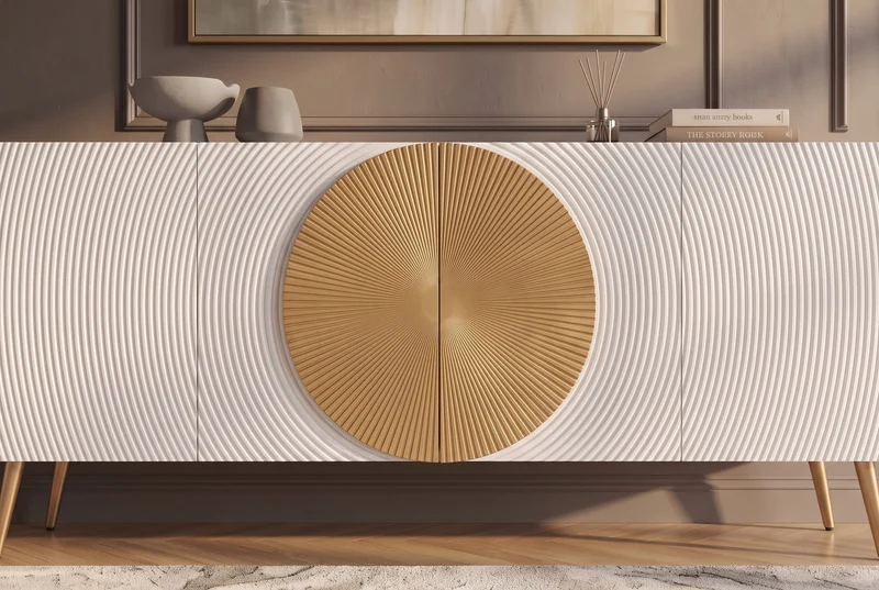 Buffet massif AURUM 180cm blanc bois de mangue avec élément doré emblématique
