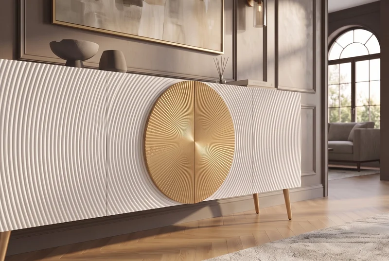 Buffet massif AURUM 180cm blanc bois de mangue avec élément doré emblématique