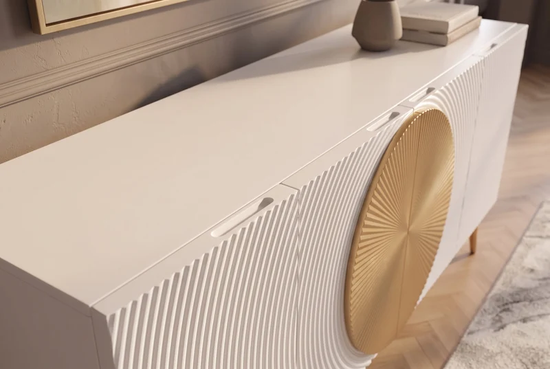 Buffet massif AURUM 180cm blanc bois de mangue avec élément doré emblématique