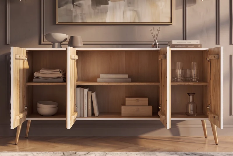 Buffet massif AURUM 180cm blanc bois de mangue avec élément doré emblématique
