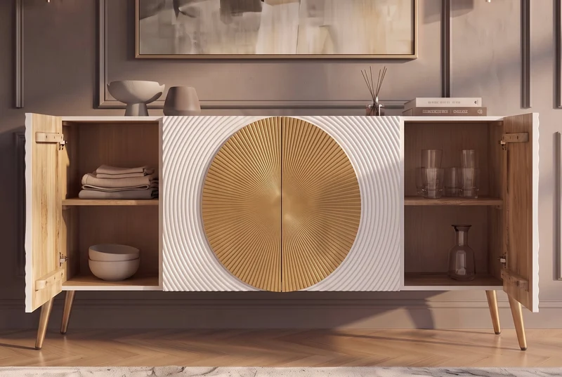 Buffet massif AURUM 180cm blanc bois de mangue avec élément doré emblématique