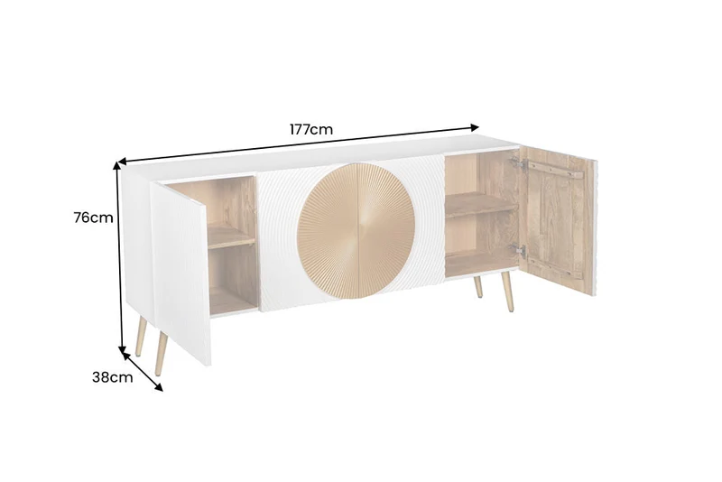 Buffet massif AURUM 180cm blanc bois de mangue avec élément doré emblématique