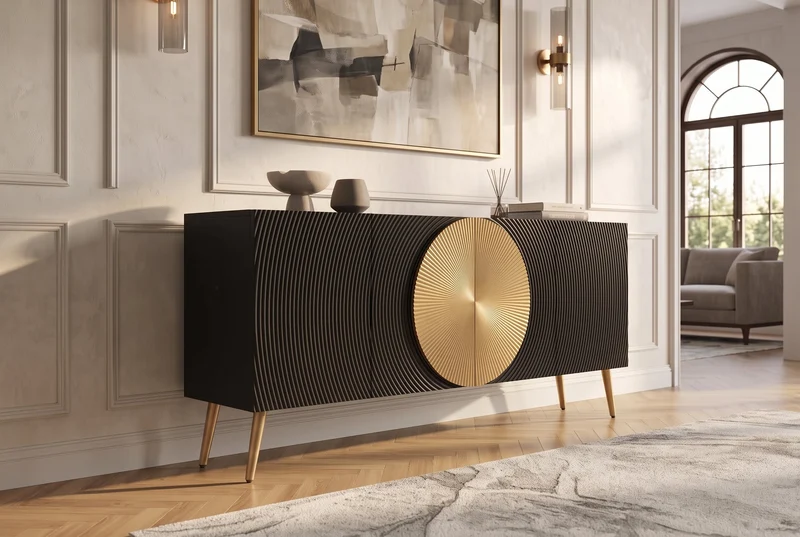 Buffet massif AURUM 180cm en manguier noir avec élément doré emblématique