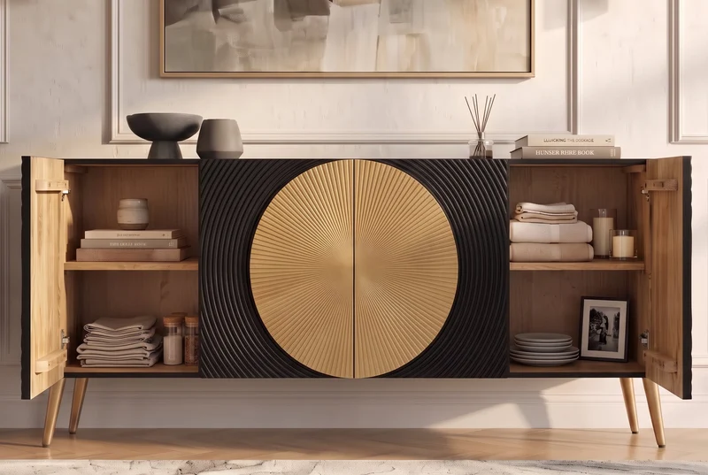 Buffet massif AURUM 180cm en manguier noir avec élément doré emblématique