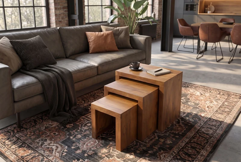 Ensemble massif de 3 tables d’appoint MAKASSAR 45cm en bois de manguier finition miel naturel