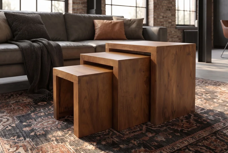 Ensemble massif de 3 tables d’appoint MAKASSAR 45cm en bois de manguier finition miel naturel