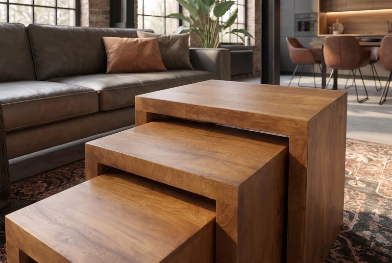 Ensemble massif de 3 tables d’appoint MAKASSAR 45cm en bois de manguier finition miel naturel