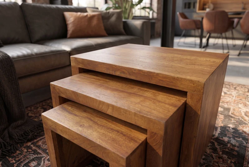 Ensemble massif de 3 tables d’appoint MAKASSAR 45cm en bois de manguier finition miel naturel