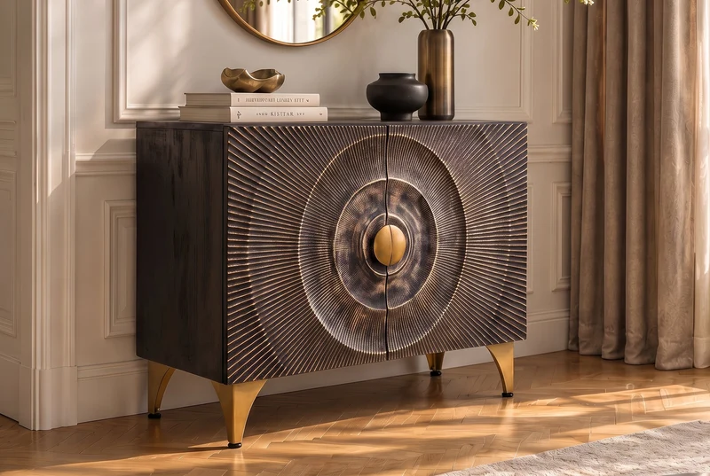 Buffet massif GOLDEN SUNSET 100cm bois de manguier noir sculpture 3D métal doré