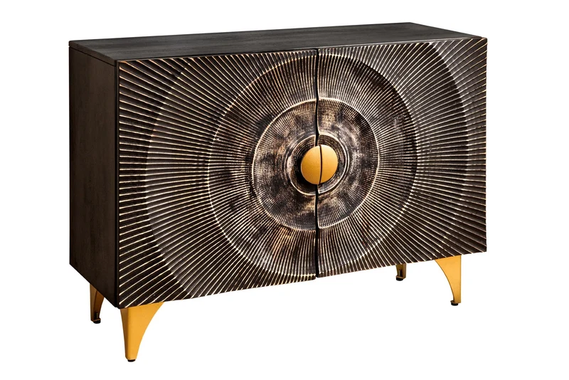 Buffet massif GOLDEN SUNSET 100cm bois de manguier noir sculpture 3D métal doré