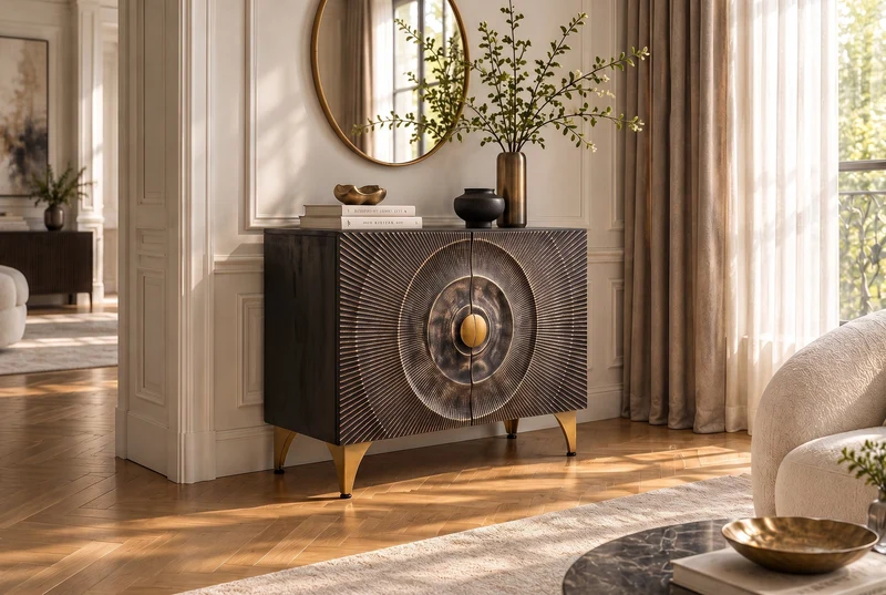 Buffet massif GOLDEN SUNSET 100cm bois de manguier noir sculpture 3D métal doré