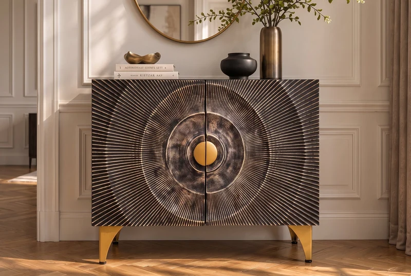 Buffet massif GOLDEN SUNSET 100cm bois de manguier noir sculpture 3D métal doré