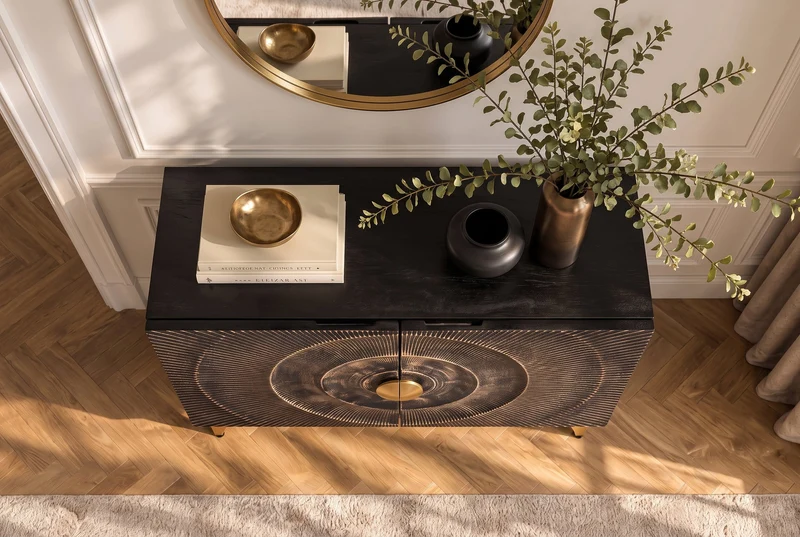 Buffet massif GOLDEN SUNSET 100cm bois de manguier noir sculpture 3D métal doré