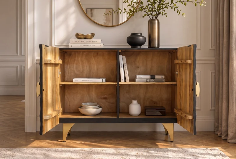 Buffet massif GOLDEN SUNSET 100cm bois de manguier noir sculpture 3D métal doré
