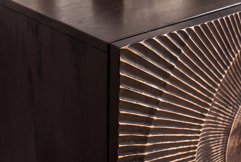 Buffet massif GOLDEN SUNSET 100cm bois de manguier noir sculpture 3D métal doré