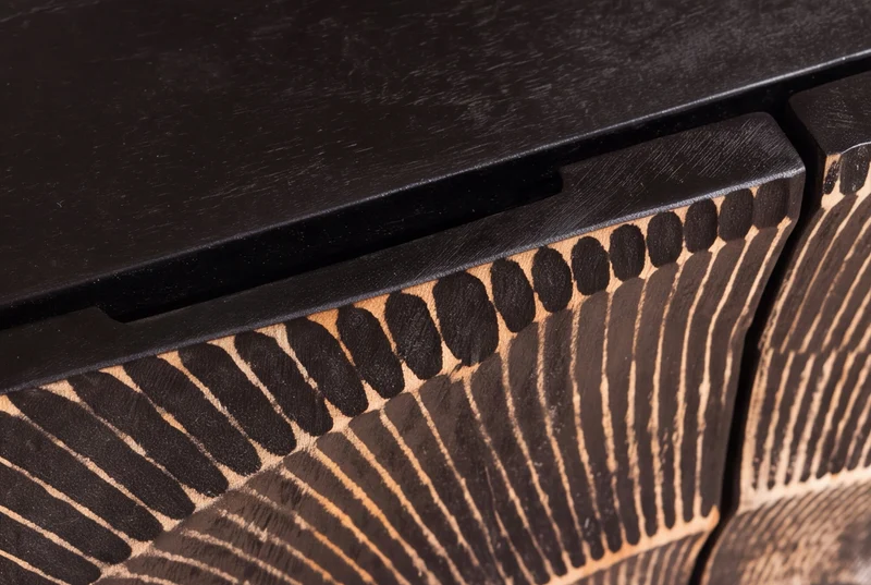 Buffet massif GOLDEN SUNSET 100cm bois de manguier noir sculpture 3D métal doré