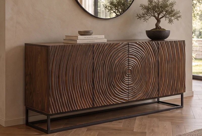 Buffet massif ZEN CIRCLES 160cm bois de manguier marron foncé design 3D